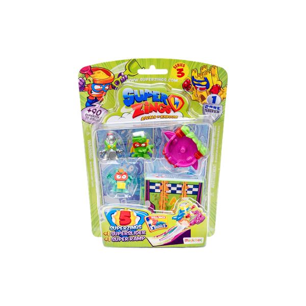 Seria 3 contine peste 90 de figurine SuperZings de colectionat SuperZings sunt obiecte obisnuite care se transforma in super eroi si super raufacatori Completeaza-ti colectia din seria 3 SuperZings cu acest set cu 5 figurine 1 super slider si o rampa pentru salturi incredibile Setul ofera ore intregi de distractie si joaca cu curse de masini lanseaza pe rampa super sliderul inclus sau orice alt super slider din seria 3 SuperZings fiecare se vinde separat si invita-ti toate personajele 