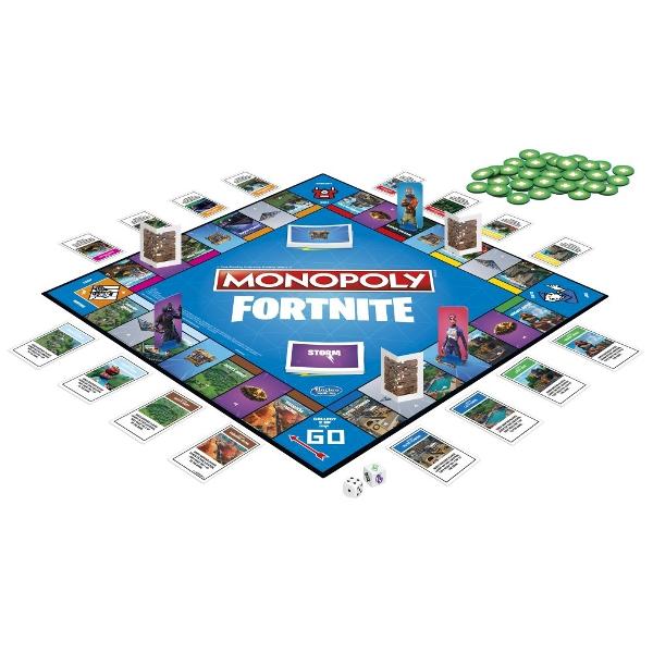 IMONOPOLY FORTNITE Fani Fortnite aceasta editie a jocului Monopoly este inspirata de popularul joc video Fortnite Nu este vorba despre cate proprietatii detii ci despre cat timp poti supravietui In editia speciala Monopoly Fortnite jucatorii isi insusesc proprietati lupta cu adversarii si evita FURTUNA STORM pentru supravietuire Tabla de joc designul si componentele jocului includ elemente inspirate de jocul video inclusiv locurile Fortnite si cartonasele din cufarul de prada In 