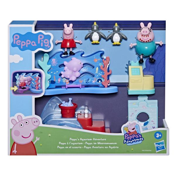 Prescolarii si micutii fani Peppa Pig cu varsta de 3 ani si peste pot avea aventuri distractive cu Setul de joaca Peppa de la Muzeul Maritim Setul include figurine mobile si 4 accesorii tematice cum ar fi un fundal de mare Daca punem o figurina pe el si mergem inainte pestele va inota cu ea Exista si un tobogan de gheata cu o galeata care se umple brusc cu peste cand apesi manerul precum si un suport foto cu numere si o casa de marcat care se deschide la apasarea unui buton