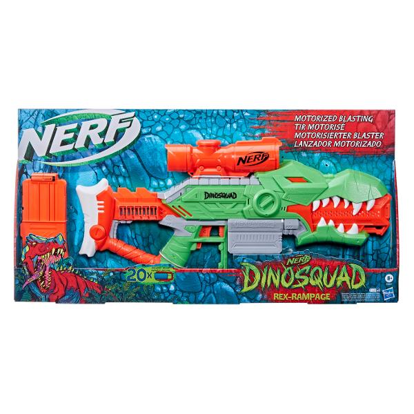 Faceti echipa cu dinozauri legendari ca membru al echipei de elita DinoSquad Valorificati forta extraordinara a celor mai mari dinozauri dintre toti si lansati-va in aventuri uimitoare Intra in lupta cu puterea unui T-Rex cu blasterul Nerf DinoSquad Rex-Rampage Are un design minunat de dinozaur captand aspectul unui dinozaur Tyrannosaurus Rex Ruleaza motorul acestui blaster motorizat si apasa pe tragaci pentru a trage sageti rapid Vine cu o clema cu 10 sageti astfel incat sa poti trimite 