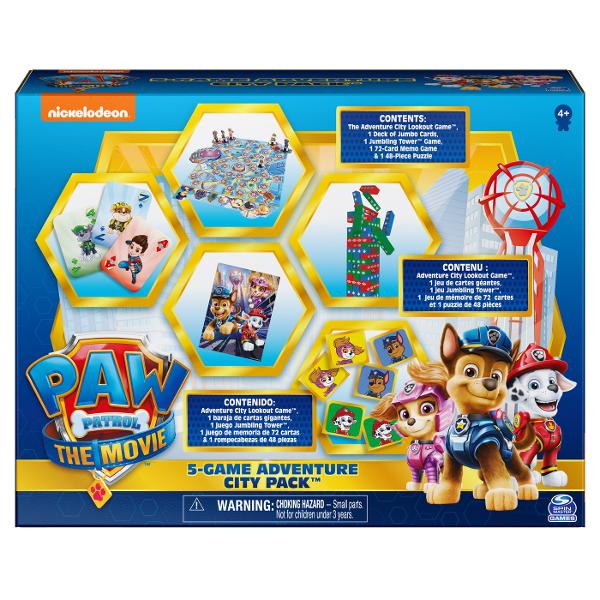 PAW Patrol The Movie pachet de 5 jocurICu acest set de 5 jocuri vei avea mult mai mult decat o seara de jocuri distractive din noul film - PAW Patrol The MovieVeti primi Jocul Adventure City Lookout pachetul de carti Jumbo jocul Jumbling Tower jocul de potrivire de memorie cu 72 de carti si un puzzle de 48 de piesePerfecte pentru toti copiii cu varsta peste 4 ani acestea sunt jocuri grozave de jucat alaturi de copiii taiAceste jocuri vor prezenta 