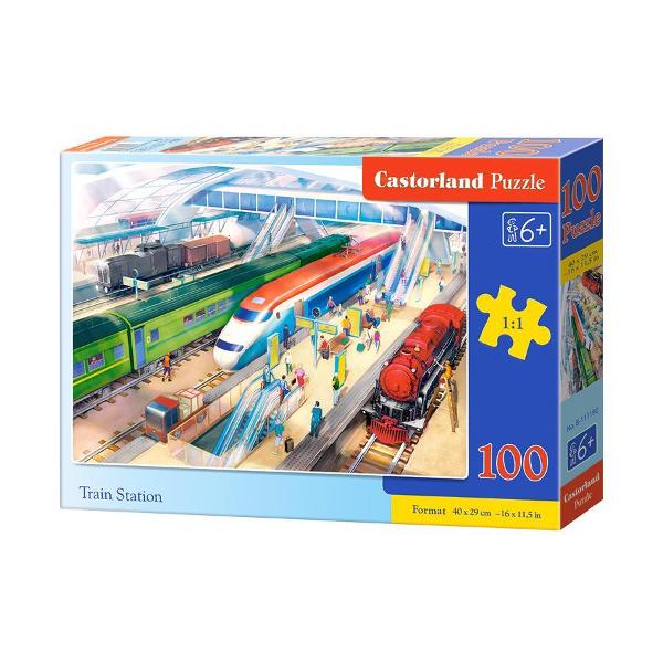 Puzzle de 100 de piese cu Train Station Dimensiuni cutie 325×225×5 cm Dimensiune puzzle 40×29 cm Recomandat pentru persoanele cu varste peste 6 ani