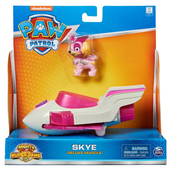 Eroii Paw Patrol acum in varianta Deluxe Fiecare catelus este conceput pentru a reflecta o anumita profesie pompier ofiter de politie sau constructor Cand sunt probleme in orasul lor acesti catelusii se grabesc sa o rezolve fie ca este vorba de o pisicuta blocata intr-un copac sau de un tren deraiat acestia gasesc intotdeauna o rezolvare Acest set contine personajul Skye