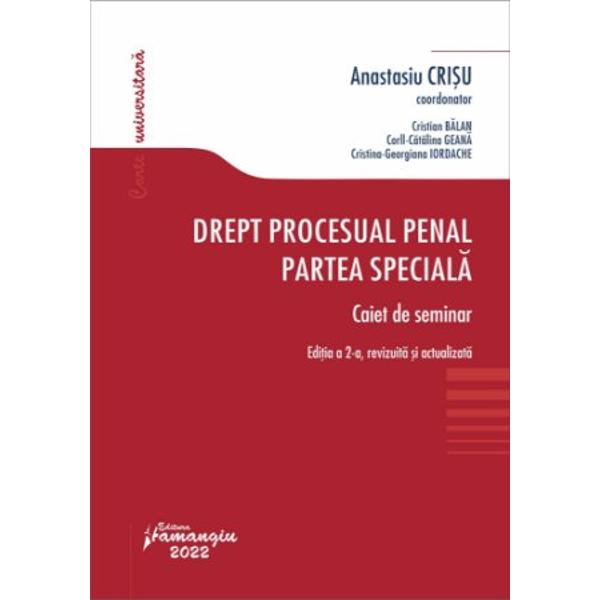 Cartea cuprinde 12 teme care sunt abordate in cadrul seminarelor de la disciplina Drept procesual penal pe parcursul semestrului II in care se studiaza Partea specialaLucrarea este astfel structurata• Tema 1 – Urmarirea penala Dispozitii generale; Sesizarea organelor de urmarire penala;• Tema 2 – Urmarirea penala Efectuarea urmaririi penale• Tema 3 – Urmarirea penala Terminarea urmaririi penale; Rezolvarea cauzei de catre 