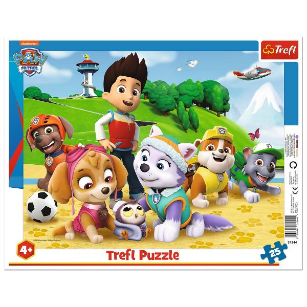 Puzzle format din 25 piese conceput pentru toti fanii Paw Patrol Pentru fabricarea puzzle-urilor cu rama dedicate copiilor mai mici s-au folosit materiale ecologice si hartie de panza care elimina reflexia luminii ceea ce garanteaza siguranta si distractia Dimensiuni puzzle 315 x 237 cm