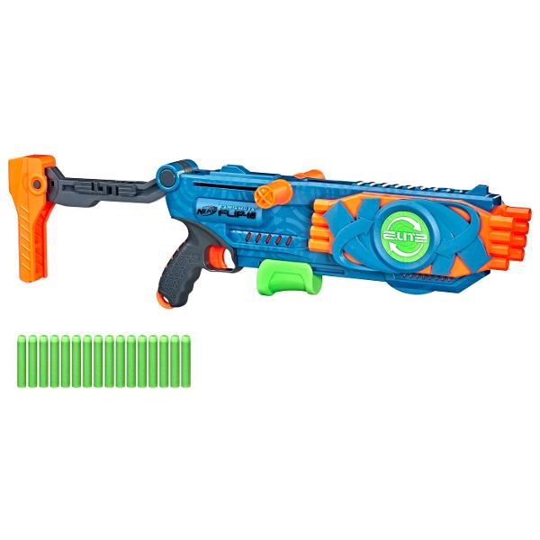 Arunca-te in lupta cu blasterul Nerf Elite 20 Flipshots Flip-16 Blasterul are 16 tevi – 8 orientate spre inainte si 8 orientate spre inapoi Lanseaza proiectile din cele 8 tevi orientate spre inainte si rabateaza cele 8 tevi orientate spre inapoi spre inainte pentru a continua sa lansezi proiectile  Chiar atunci cand adversarii cred ca ai ramas fara munitie surprinde-i cu inca 8 tevi complet incarcate Tevile pereche sunt conectate usurand rotirea acestora prin tragerea manerului 