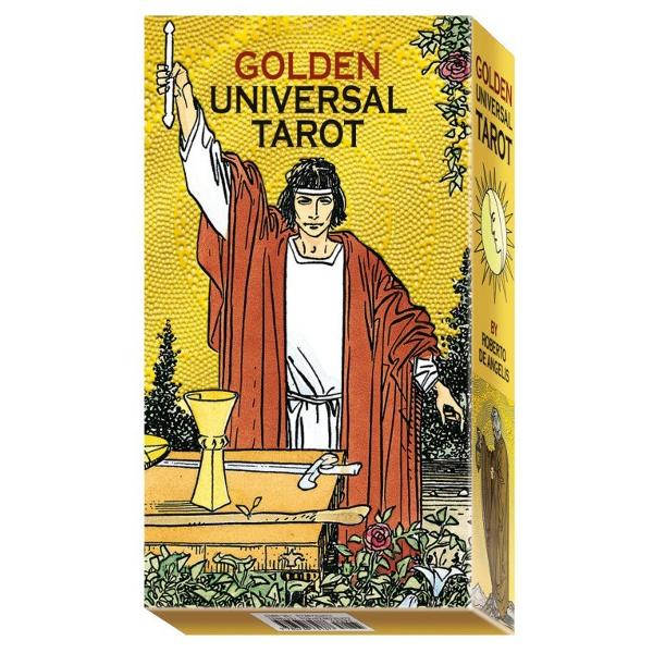 Lo Scarabeos popular Universal Tarot deck is now available with gold foil highlightsItalian painter Roberto de Angelis lends a modern more realistic approach to the classic Rider-Waite imagery His dynamic interpretation is perfect for beginning readers who will recognize the familiar characters and tableaus updated with sophisticated color and less cluttered compositions Now adorned with brilliant gold impressions designed to take on an antique distressed 