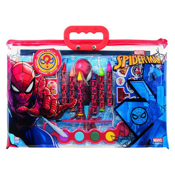 Gentuta din material PVC transparenta cu design Spiderman cu maner din plastic Setul contine sabloane de desen 6 creioane 6 culori de acuarela o pensula si 2 foi de abtibilduri cu preferatul erou Cu acest set usor de transportat micii artisti pot desena colora si crea opere de arta unice oriunde ar fi la scoala acasa sau in parc pentru un joc creativ si relaxant Set conceput pentru copii de la 3 ani