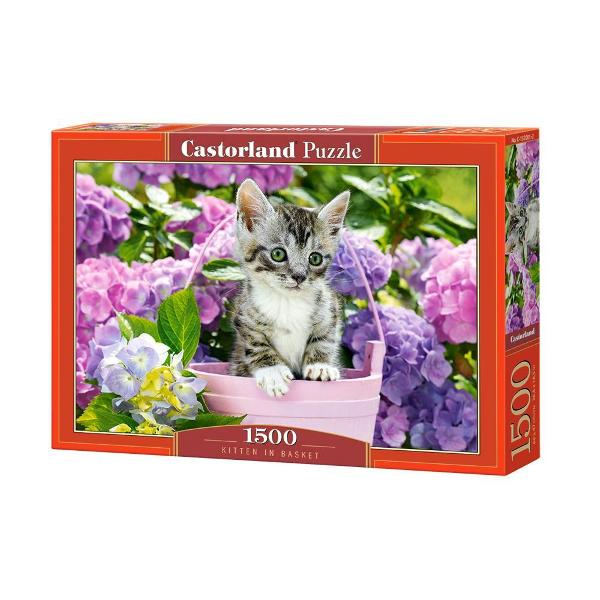 Puzzle de 1500 de piese cu Kitten in Basket Puzzle-ul are dimensiunile 68×47 cm Pentru cei cu varste peste 9 ani