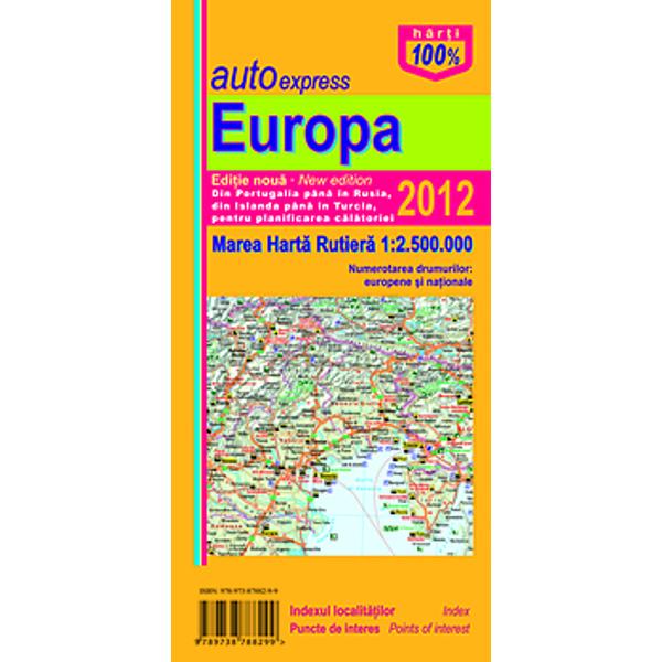 Scara 12500000Desi este relativ mare pentru o harta pliata din cauza ariei foarte mari pe care trebuie sa o acopere Harta rutiera Europa este foarte usor de utilizat plierea ei facandu-se astfel incat utilizatorul sa poata studia portiuni mari ale hartii nefiind necesara desfacerea ei completa Contine reprezentarea exacta a tuturor drumurilor cu numerotarea acestora si distantele pe tronsoane localitatile si indexul acestora obiectivele turistice 