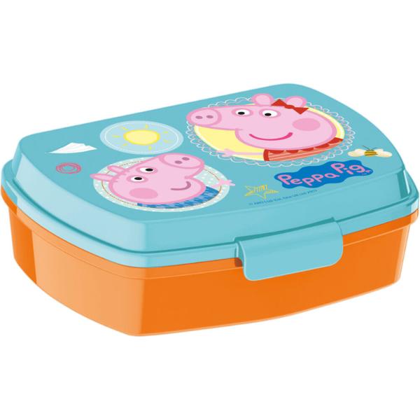Cutie din plastic cu capac care se inchide prin capsare imprimata cu super cunoscutele personaje&nbsp;Peppa PigMaterial rezistentCapac decoratFara BPALicenta oficialaDimensiuni 170x133x56 mmGreutate 80 g