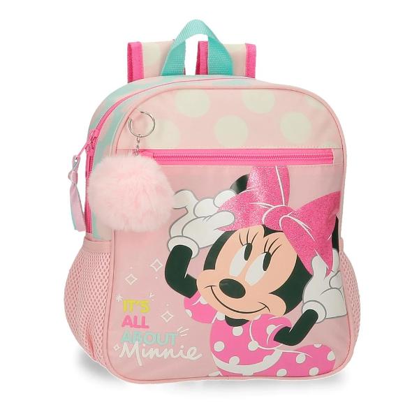 Ghiozdan gradinita cu 1 compartiment capacitate 6 litri culoare multicolor cu imprimeu personaj Minnie Mouse bretele sunt ajustabile pentru o purtare confortabila si ergonomice care se adapteaza perfect la spate material poliester care este flexibil si usor dimensiune 23x28x10 cm ghiozdanul poate fi transportata in mana de maner sau in spate cu ajutorul bretelelor 2 buzunare laterale 1 buzunar frontal pentru acces usor la accesorii si gadgeturi fermoarul ghiozdanului are 2 cheite 