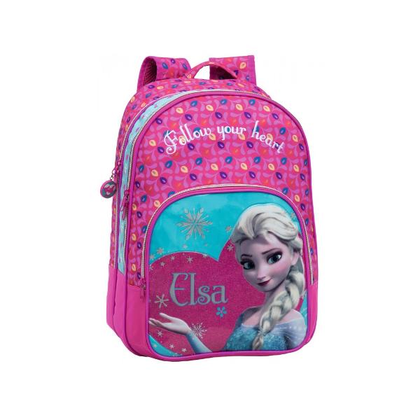 Ghiozdan de scoala Disney Frozen Elsa cu 2 compartimente 1 buzunar exterior confectionat din microfibra si PVC imprimeu cu personajul Elsa dimensiune 32x42x22 cm