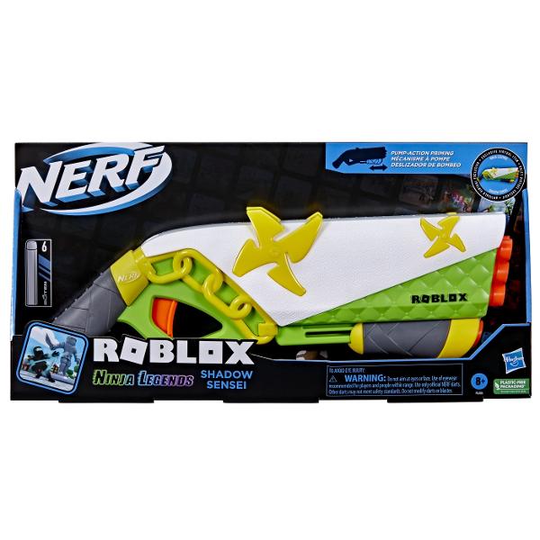 Blasterul Nerf Roblox Ninja Legends Shadow Sensei care trage sageti se inspira din experienta Roblox Ninja Legends de la Scriptbloxian Studios Blasterul include un cod special care va permite sa rascumparati un articol virtual exclusiv pe Roblox Înfruntati adversarii cu abilitatile unui ninja in timp ce aruncati 6 sageti la rand cu acest blaster cu capacitate de 6 sageti Include 6 sageti din spuma Nerf Elite pentru a incarca complet blasterul Sagetile oficiale Nerf sunt testate si 