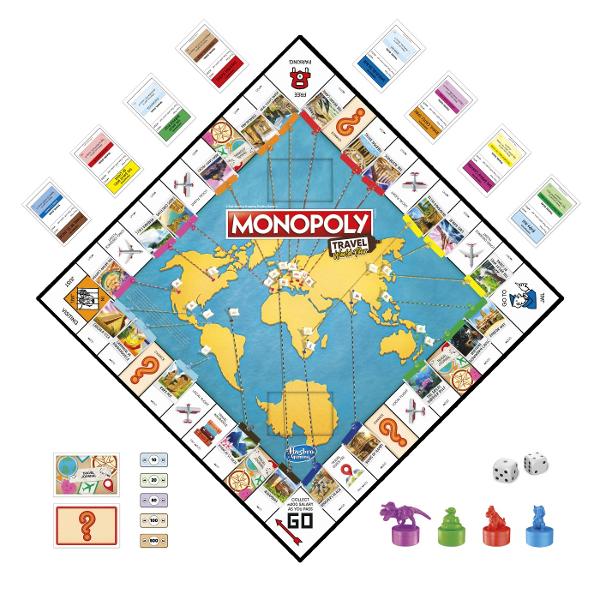 Jocul Monopoly Travel World Tour este o intorsatura a jocului Monopoly clasic care ii face pe jucatori sa descopere si sa viziteze destinatii de calatorie interesante Jucatorii cumpara destinatii implinesc obiectivele de calatorie si stampileaza tabla de joc cu stampila lor pentru a castiga Pune-ti amprenta pe tabla de joc cu stergere uscata Jucatorii se pot distra atat de mult folosind jetoanele de stampilare cu autocerneala pentru a urmari diferitele locatii pe care le-au vizitat 