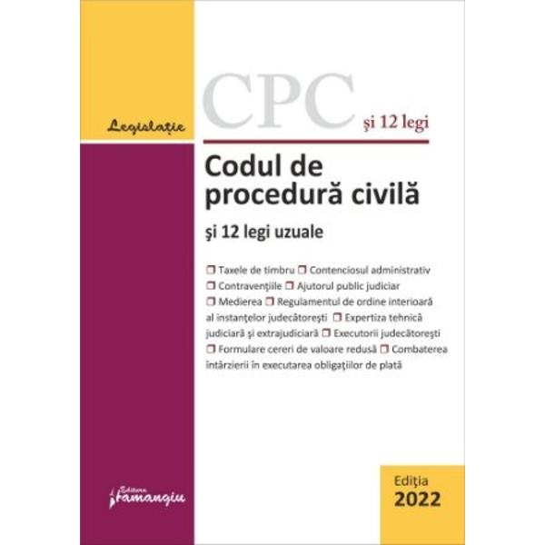 Codul de procedura civila si 12 legi uzuale cuprinde textul la zi al Codului de procedura civila iar in extras sunt redate dispozitiile tranzitorii si de punere in aplicare din Legea nr 762012 si din Legea nr 22013 In plus contine integral sau in extras 10 dintre cele mai uzuale acte normative care intregesc cadrul legal al procedurii civile Regulamentul de ordine interioara al instantelor judecatoresti contenciosul administrativ regimul juridic al contraventiilor taxele de 