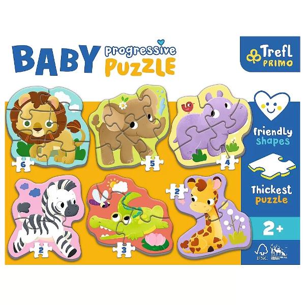 Puzzle Baby Progressive ofera pana la 6 puzzle-uri de forma mare pentru copii mici intr-un singur pachetSetul include 6 puzzle-uri compuse din 2 3 4 5 sau 6 piese puzzle-uri fiind concepute pentru copii de la 2 ani Numarul tot mai mare de elemente si nivelul de dificultate il fac un produs ideal pentru a incepe aventura puzzle-ului Cel mai gros carton de pe piata si forma potrivita pentru copii a elementelor ofera o potrivire perfecta pentru mainile mici si fac puzzle-ul sigur 