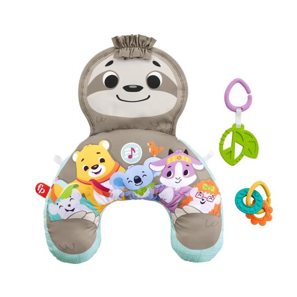 Perna pentru burtica lenes cu muzica si vibratii Fisher-Price® este un sprijin pentru stat pe burta cu un prieten lenes mare fosnitor cu pana la 10 minute de muzica si vibratii pentru a ajuta la linistirea bebelusului si la a-l mentine interesat cand sta pe burta Doua jucarii de activitate repozitionabile inclusiv zornaitori si o jucarie de dentitie fara BPA cresc distractia Ridicandu-si capul si impingandu-se in sus pentru a interactiona cu jucariile ajuta la intarirea muschilor 