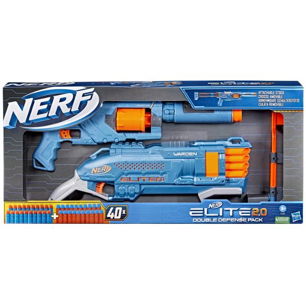 Acest pachet cu 2 blastere este o modalitate excelenta de a incepe sau de a construi colectia ta Nerf Este un set cadou perfect si cu 2 blastere batalia poate incepe imediat din cutie Creeaza 6 stiluri diferite de blaster cu blasterul Spectre Rev-5 Are un cilindru rotativ cu 5 sageti prelungire a tevii detasabila material pliabil detasabil si sina tactica Acest set impresionant Nerf Elite 20 include blasterul Spectre Rev-5 blasterul Warden DB-8 si 40 de sageti cu spuma Nerf Elite 