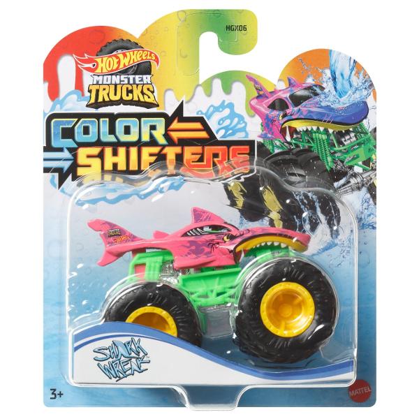 Camioanele Hot Wheels Monster Trucks 164 Color Shifters Trucks ofera zdrobire si prabusire cu bonusul a doua decoruri pe un singur camion Pur si simplu scufundati camionul Color Shifters in apa rece ca gheata pentru a-si schimba in mod magic aspectul initial apoi schimbati-l inapoi scufundandu-l in apa calda Repetati procesul de mai multe ori pentru a alterna modelele Avand la dispozitie atat de multe Camioane Monster Color Shifters minunate copiii vor dori sa le adune pe toate Fiecare se 