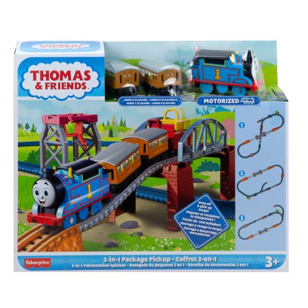 De trei ori mai multa distractie Micii mecanici de locomotiva pot transforma imaginatia in actiune si isi pot crea propriul joc de cale ferata cu trei configuratii diferite de sina si 3 personaje Thomas&ampFriends Thomas este pregatit sa transporte marfuri de-a lungul insulei Sodor iar cu ajutorul lui Annie si Clarabel locomotiva albastra numarul 1 poate duce si pasagerii la destinatii Setul contine 1 locomotiva 2 vagoane pasager si un vagon de marfa