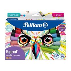 Textmarker Pelikan Signal cerneala pe baza de apa pentru luminozitate uniforma varf special ce permite sublinierea in trei latimi de linie diferite 1 2 si 5 capac practic cu clips set 16 culori 10 pastel  6 neon ambalat in cutie blister