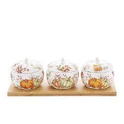 Set cu 3 boluri pentru aperitiv de portelan pe tava de bambus 28x9 cm Colectia Harvest Easy Life R1576harv