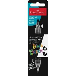 Marker acrilic negru Shake&Paint de la Faber-Castell perfect pentru design in alb-negru evidentiere ilustratii contrastante detalii pe materiale inchise la culoare Cerneala pe baza de acril Usor de aplicat pe o varietate de suprafete hartie carton lemn panza sticla metal piatra si plastic Varf dublu varf gros de 3&8239;mm pentru acoperire larga si varf fin de 1&8239;mm pentru detalii precise Markerul e rezistent la apa si lumina dupa 