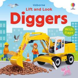 Little hands can lift the big flaps in this robust board book to find out what all the diggers are doing at the building site on the farm at the quarry and on the road On every spread theres also a pink cat to look for lots of things to spot and talk about and a few hidden surprises along the way