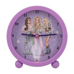 E timpul pentru glamour TOP MODEL Acest ceas cu alarma rotund violet are trei TOP MODEL elegante si pietre mici stralucitoare pe cadran Cu efect luminos si maini linistite Baterie 1x AA 15V inclusa si inlocuibila