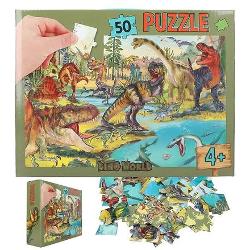 Distractie cu dinozauri In 50 de piese Frumosul puzzle de la Dino World are o dimensiune finita de 58 x 40 cm Recomandat de la 4 ani Intr-o cutie practica din carton cu maner de transport
