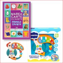 Un duo perfect de joac&259; &537;i înv&259;&539;are Pachetul con&539;ine cartea bestseller „Bebe înva&539;&259; Marea carte cu sunete” care stimuleaz&259; curiozitatea &537;i limbajul celor mici &537;i juc&259;ria interactiv&259; „Papagalul 