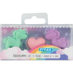 Set de radiere unicorni 3 piese2 radiere unicorni &537;i 1 radier inim&259;2 sortimente de culori diferiteambalate &icirc;n cutie PET transparent&259;