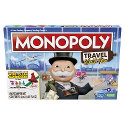 Jocul Monopoly Travel World Tour este o intorsatura a jocului Monopoly clasic care ii face pe jucatori sa descopere si sa viziteze destinatii de calatorie interesante Jucatorii cumpara destinatii implinesc obiectivele de calatorie si stampileaza tabla de joc cu stampila lor pentru a castiga Pune-ti amprenta pe tabla de joc cu stergere uscata Jucatorii se pot distra atat de mult folosind jetoanele de stampilare cu autocerneala pentru a urmari diferitele locatii pe care le-au vizitat 