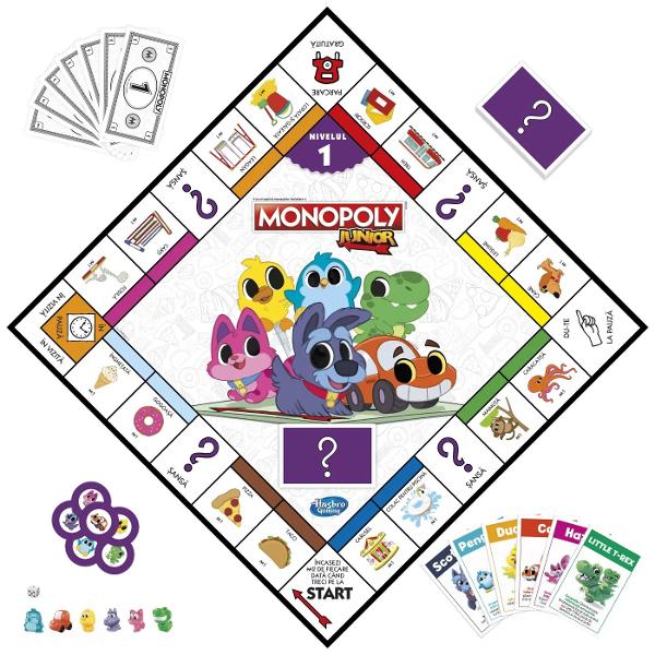 Descopera un nou joc Monopoly creat special pentru cei mici Acest joc are o tabla de joc cu doua fete pentru 2 moduri de joc Cu un mod de joc simplu si locatii potrivite pentru copii aceasta este o introducere excelenta in lumea Monopoly Tabla de joc cu doua fete face ca jocul sa creasca in dificultate in functie de categoria de varsta Prima parte este conceputa pentru copiii mai mici 4 ani  Întoarceti-l pentru un joc mai avansat pentru prescolarii mai mari Jocul include 2 