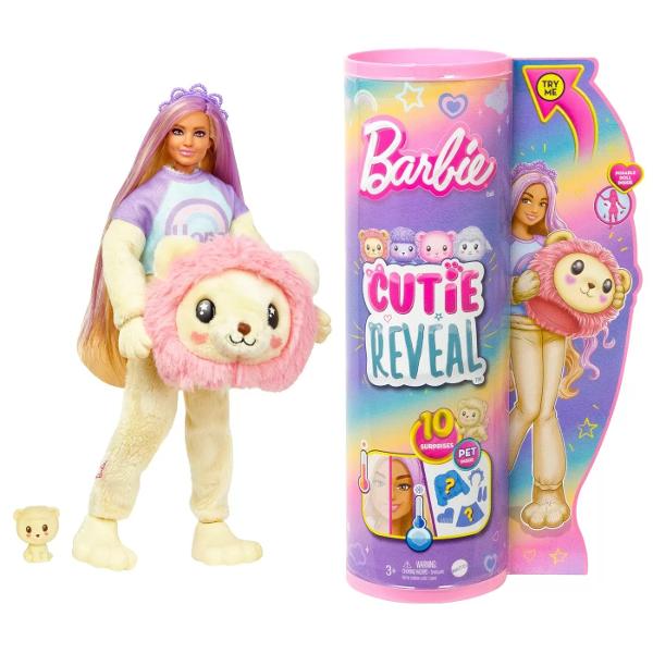 Cu 10 surprize intr-un singur pachet papusile din seria Barbie Cutie Reveal Cozy Cute Tees ofera cea mai draguta experienta de desfacere a cutiei cu prieteni animale de plus moda si distractie prin transformare Despacheteaza pentru a gasi un leu galben adorabil de plus imbracat intr-un tricou colorat cu un mesaj inspirational &quot;Speranta&quot; si care ascunde inauntru o papusa Barbie Ridica capul costumului si dezvaluie papusa Barbie pozabila cu par lung blond cu striatii 