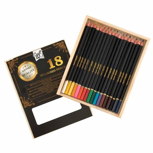 Set 18 creioane colorate Creative Craft in cutie de lemn