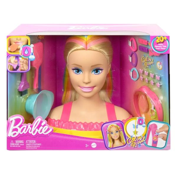 Oricine poate fi un stilist de par cu bustul de styling Barbie Totally Hair Surprizele de schimbare a culorii adauga o nota de magie la timpul de joaca in timp ce accesoriile Color Reveal si caracteristicile personalizabile permit explorarea creativa Alege din modele cu coafuri autentice apoi lasa distractia sa inceapa cu 22 de piese de styling Capetele de coafat Barbie Totally Hair Neon Rainbow Deluxe Styling Heads vin de asemenea cu un spatiu de depozitare convenabil la baza astfel 