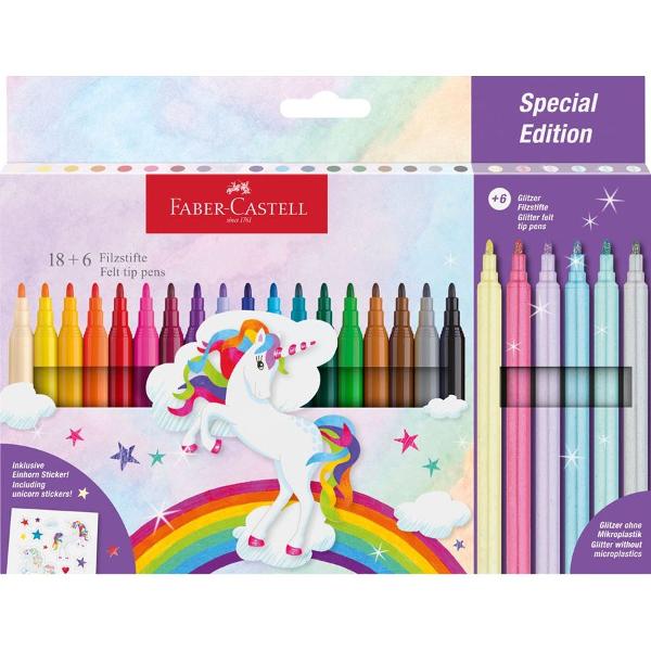 Carioca 18  6 culori Faber-Castell cu tema unicorniSetul contine 18 culori  standard  6 culori pastel cu sclipici include stickere cu unicorniCulori stralucitoare pastelate cu efect de sclipiciVarf rezistent la presiuneCerneala pe baza de apaSunt ideale pentru desen si pictura pe hartie carton lemn etc