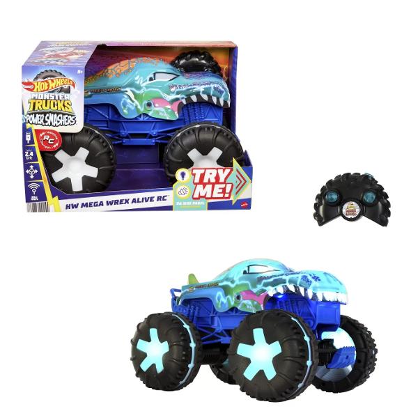 Legendarul Hot Wheels Monster Trucks Mega-Wrex prinde viata la scara 115 cu lumini si sunete interactive si trei moduri de joc În modul vanatoare Mega-Wrex se aprinde si isi urmareste prada fiecare lovitura activand lumini si sunete În modul Smasher se napusteste asupra provocatorilor sai cu un raget puternic sporindu-si sunetele si furia cu cat loveste mai mult În modul Guardian Mega-Wrex se reincarca cu o stralucire blanda gata sa se trezeasca oricand Fiecare 