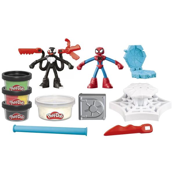 Activati imaginatia copiilor cu setul de jucarii Play-Doh Marvel Spider-Man Launch & Slice Battle Acest set de joaca pentru copii vine cu 2 figurine Venom si Spider-Man super cool si indraznete si accesorii Play-Doh personalizabile care le permit copiilor sa isi joace propriile povesti epice Foloseste seiful pretins pentru a modela bani pietre pretioase si lingouri de aur pentru ca Venom sa le fure apoi imagineaza-ti figura Omul Paianjen care se apropie pentru a salva ziua cu un scut 