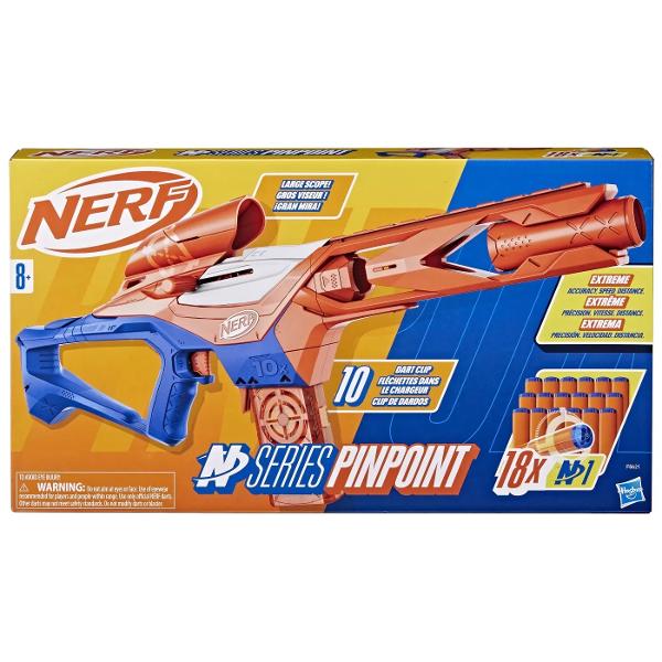 BLASTERE sI DARTS SERIA N NERF N Experimentati PRECIZItIE VITEZa si DISTANta EXTREME cu blasterele Nerf N Series de inalta performanta si sagetile revolutionare Nerf N1 Du-ti jocul la nivelul urmator cu standardul de aur in explozia de sageti Nerf NERF N SERIES PINPOINT BLASTER Blasterul Pinpoint este proiectat pentru precizie la distanta lunga oferindu-va avantajul in jocurile care necesita fotografii de precizie la distanta Compatibil numai cu sagetile Nerf N Series N1 INCLUDE 18 