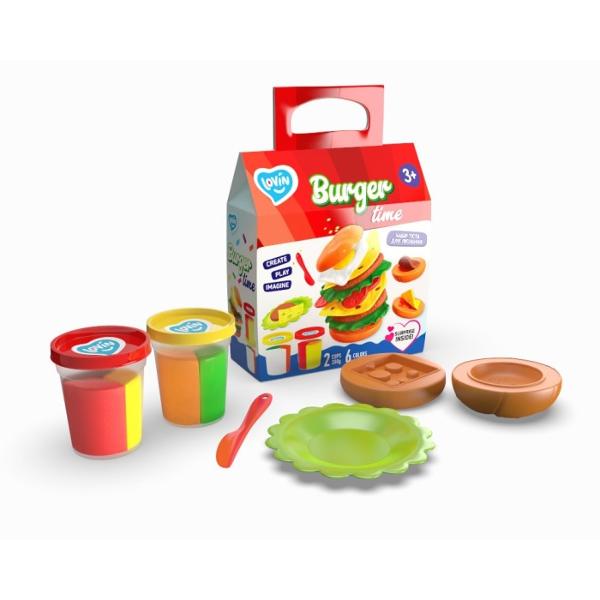 Daca puiul tau vrea sa incerce ceva nou &537;i interesant atunci setul de modeling Lovin’Do este cel mai bun pentru elSetul contine 2 cuti de plastilina multicolora cu greutate totala de 200 gr - 3 forma din plastic pentru burger forma pentru oua prajite un cutit si o farfuriuta dar si o surpizaPlastilina folosita este certificata UE pentru continutul sau ecologic Este fabricata din ingrediente naturale drojdie faina si colorata 