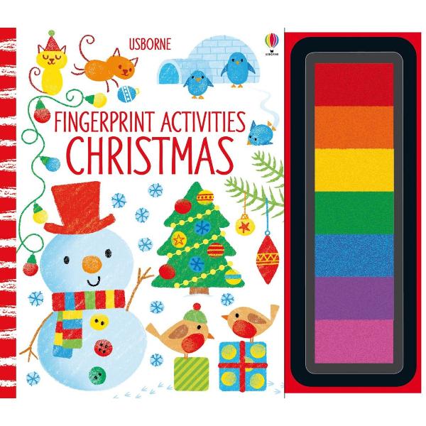 This activity book with seven coloured ink pads is full of pictures to complete with festive fingerprinting including decorating a Christmas tree and Christmas stockings gingerbread men and wintry snow scenes Simple instructions show how to use different fingers to make different shapes to print reindeer birds snowmen and lots more 