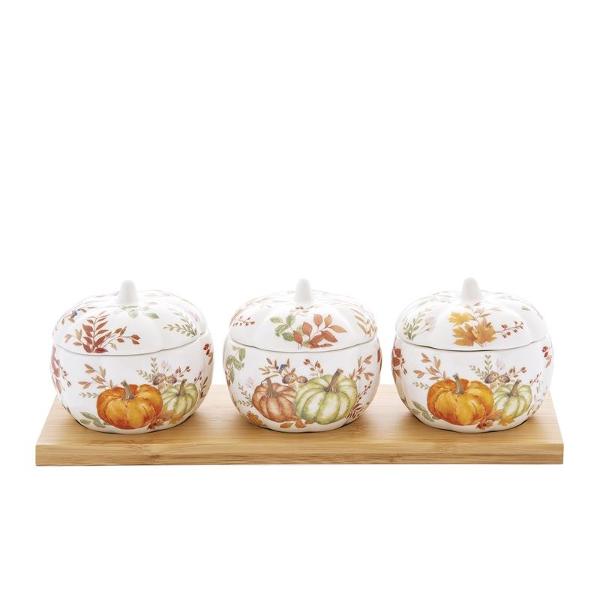 Set cu 3 boluri pentru aperitiv de portelan pe tava de bambus 28x9 cm Colectia Harvest Easy Life R1576harv