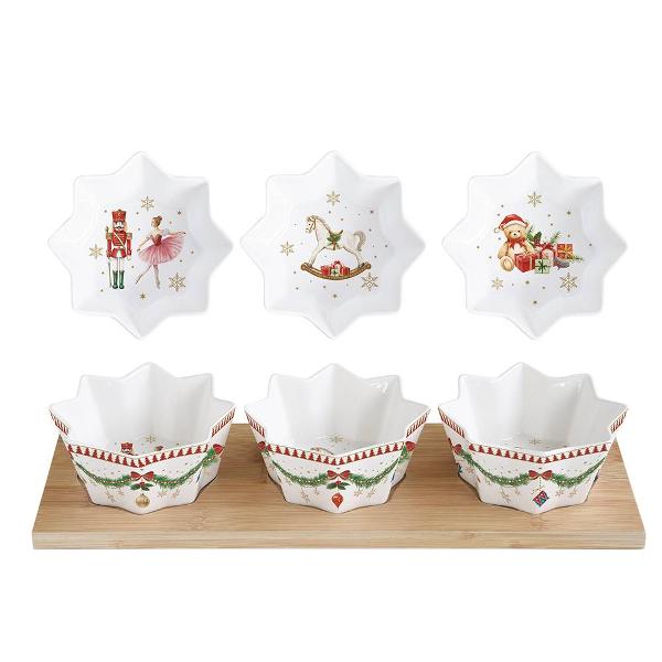 Set pentru aperitiv cu 3 boluri de portelan pe tava de bambus Magie de Noel 34x12 cm R2183mnoe