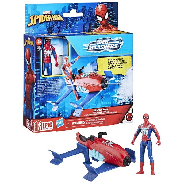 Seturile constand in figurina si vehicul din seria epica de eroi Marvel Spider-Man Web Splashers le permit copiilor sa se joace in multe moduri Setul de jucarii include o figurina personaj de 10 cm si un accesoriu sau un vehicul cu lansator de apa Copiii pot atasa figurina de actiune la accesoriul sau vehiculul inclus il pot umple cu apa si strange pentru a lansa un jet de apa Aceste seturi de joaca constand in figurina si vehicul Web Splashers sunt compatibile cu toate jucariile din 