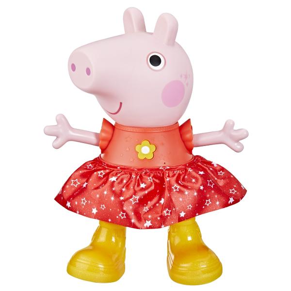 Vorbeste joaca canta danseaza si petrece alaturi de Peppa Aceasta papusa Peppa de 30 cm inaltime poarta o rochie de petrecere stralucitoare si vine cu ghete galbene detasabile care ii schimba modul in care se joaca Peste 55 de sunete fraze si reactii ofera copiilor atat de multe moduri de a se juca cu aceasta jucarie interactiva Pune-i sau scoate-i ghetele Peppei pentru a descoperi toate frazele efectele sonore melodiile si jocurile ei Cu cizmele scoase jucaria este in Modul 