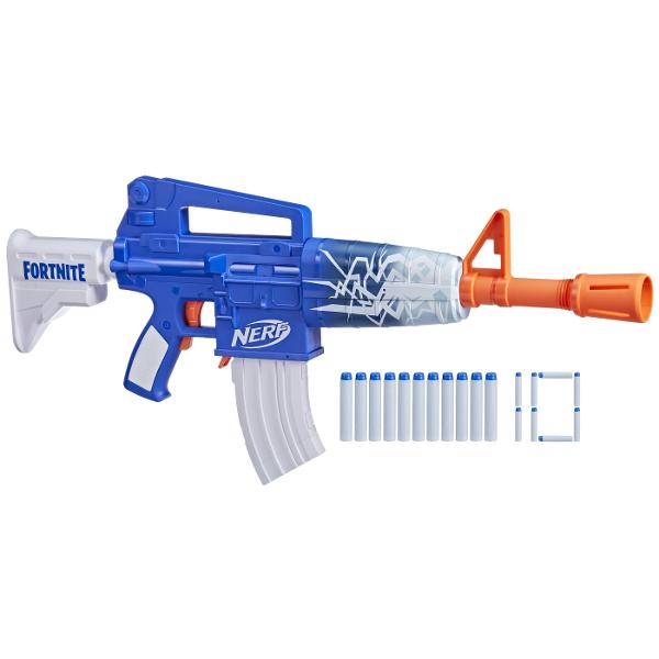 Blasterul Nerf Fortnite Blue Shock este inspirat de echipamentul folosit in Fortnite si vine in invelisul Blue Shock din jocul videoAcesta include un cod bonus care iti permite sa deblochezi The Beat Wrap in joc pentru a-ti personaliza echipamentul onlineArata-te cu Wrap-ul cool al blasterului si arata-le adversarilor tai ca ai abilitatile rapide ca fulgerul pentru a prelua conducerea in orice joc NerfDa putere in bataliile tale cu acest blaster Nerf motorizat care lanseaza 10 sageti la 