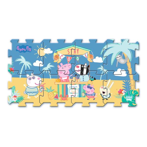 Puzzle de podea Peppa Pig Summer cu piese mari din spuma conceput special pentru cei mici Culorile vibrante si formele prietenoase incurajeaza copiii sa se joace Puzzel-ul contine 8 parti mari moi colorate usor de spalat si pot fi folosite pentru a construi forme 3D de ex Cub sau cutie Poate fi folosit si ca covor de joaca Puzzle-ul din spuma dezvolta imaginatia copiilor si ii ajuta pe copii sa invete culorile si formele Sunt fabricate dintr-un material netoxic fara BPA  Dimensiunea 